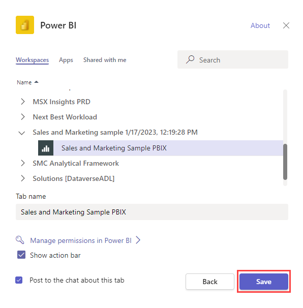 Screenshot che mostra la finestra di dialogo di Power BI in Teams con Salva evidenziato.