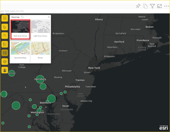 Screenshot delle mappe di base disponibili con la mappa di base Dark Gray Canvas selezionata e applicata.