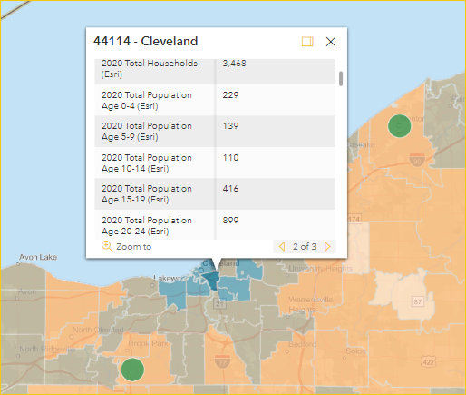 Screenshot di una descrizione comando per Cleveland, OH, che mostra la suddivisione totale della popolazione per incrementi di cinque anni.