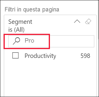 Screenshot di un filtro espanso con la casella di ricerca selezionata.
