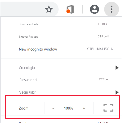 Screenshot che mostra i controlli di zoom del browser.
