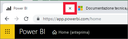 Screenshot che mostra la x nella scheda del browser per chiudere Power BI.