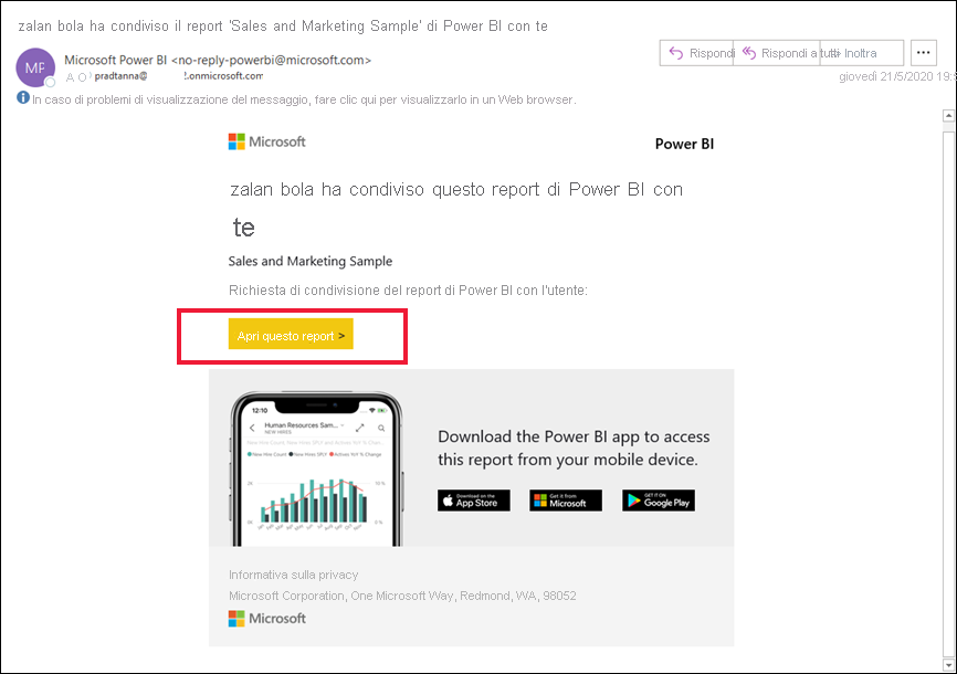 Screenshot che mostra un messaggio di posta elettronica contenente un collegamento a un report.