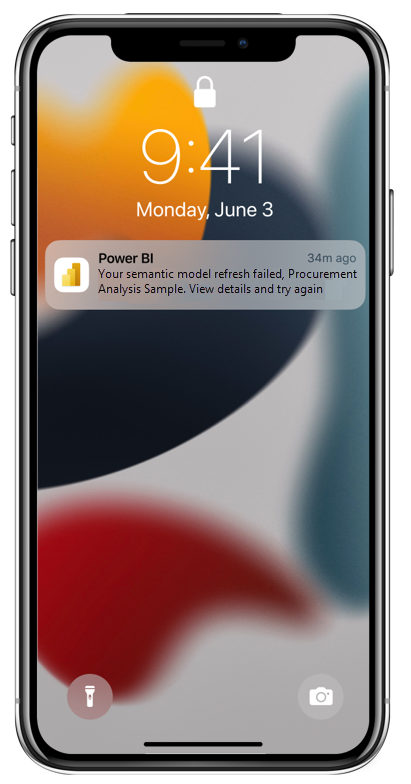 Screenshot della notifica degli errori di aggiornamento del modello semantico nell'app Power BI per dispositivi mobili.
