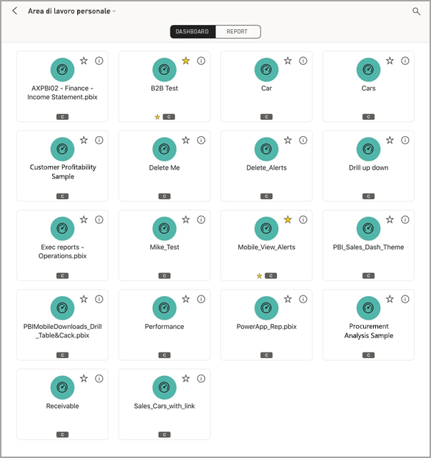 Screenshot che illustra la schermata di un iPad con Area di lavoro personale con l'opzione DASHBOARD selezionata.