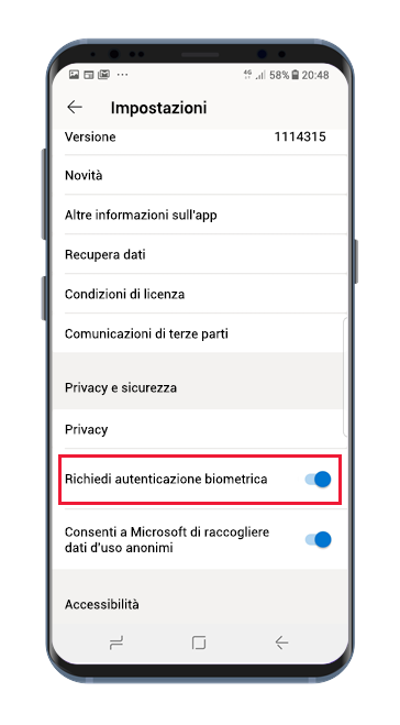 Pagina delle impostazioni dell'app Power BI per Android