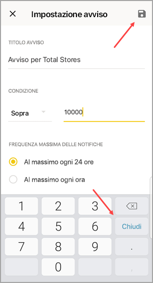 Screenshot dell'impostazione dell'avviso, che mostra le indicazioni per Salva e Fine.