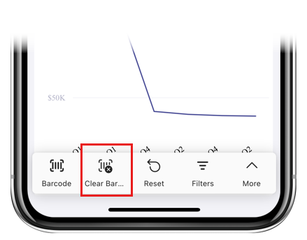 Screenshot che mostra l'icona cancella codice a barre nel piè di pagina di un report.