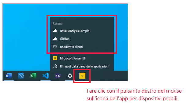 Menu di accesso rapido della barra delle applicazioni