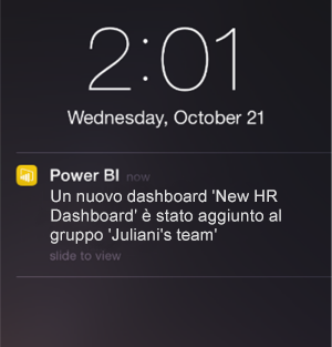 Screenshot di un dashboard, che mostra una notifica su un iPhone.