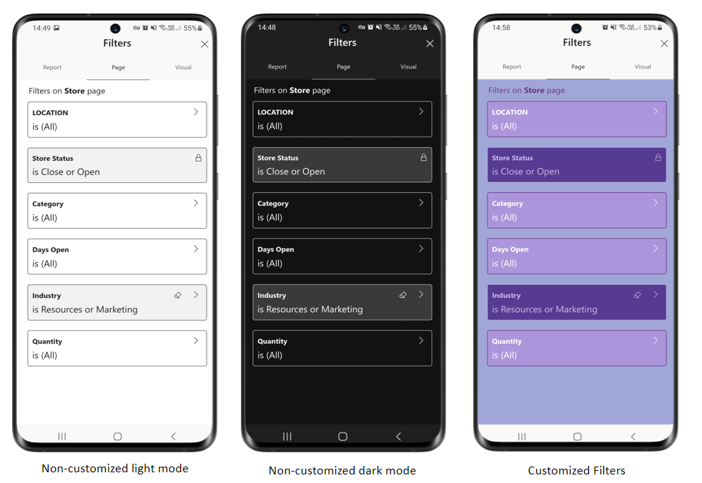 Screenshot del riquadro filtro del report nell'app Power BI per dispositivi mobili.