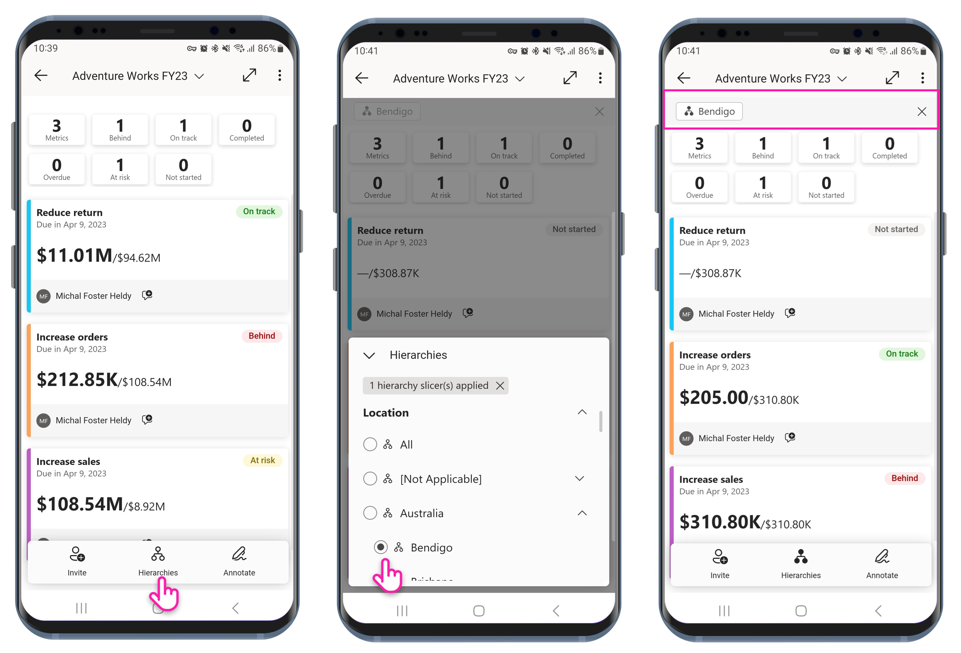 Screenshot che mostra le gerarchie delle metriche di Power BI nell'app Power BI per dispositivi mobili.