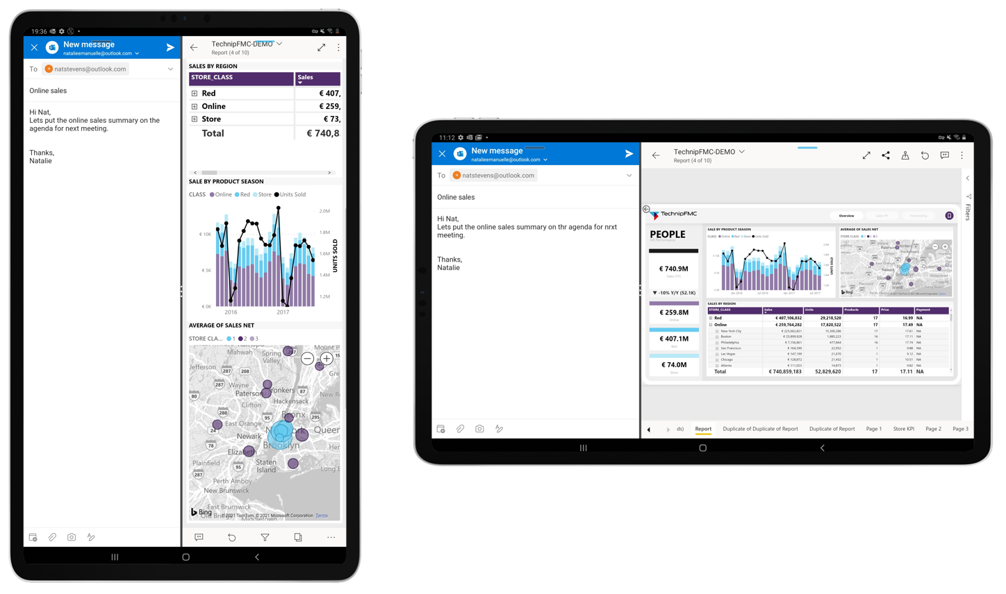 Screenshot dell'app per dispositivi mobili usata in modalità schermi divisi.