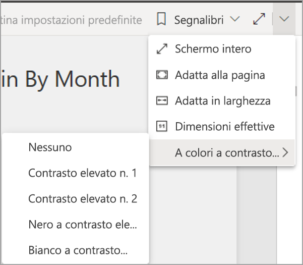 Screenshot del servizio Power BI in modalità di modifica, con Visualizzazione e A colori a contrasto elevato evidenziati.