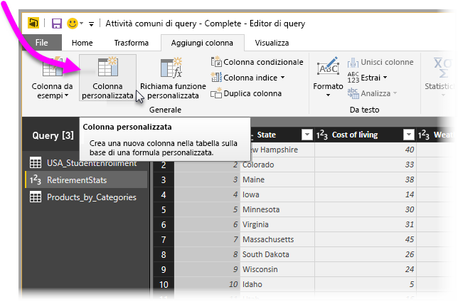 Screenshot dell'editor di Power Query con l'opzione Colonna personalizzata evidenziata.