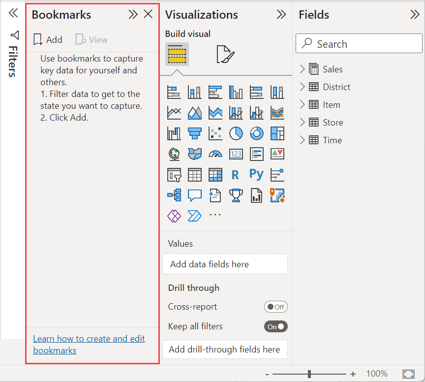 Screenshot che mostra i segnalibri in Power BI.