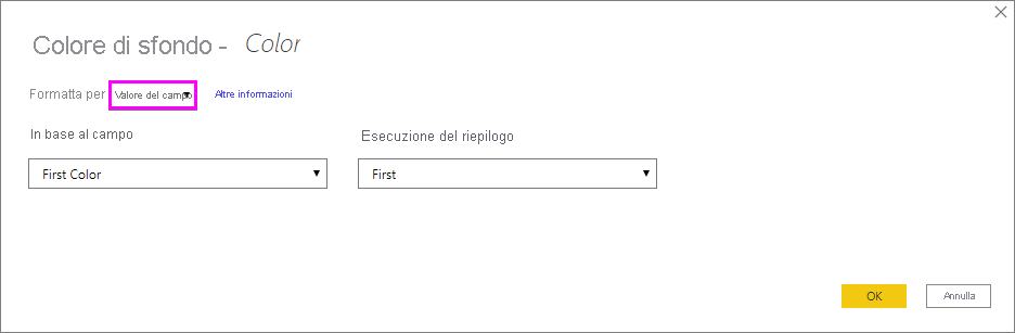 Finestra di dialogo Stile formato per il colore di sfondo della colonna colore: l'elenco a discesa Stile formato è impostato su Valore campo