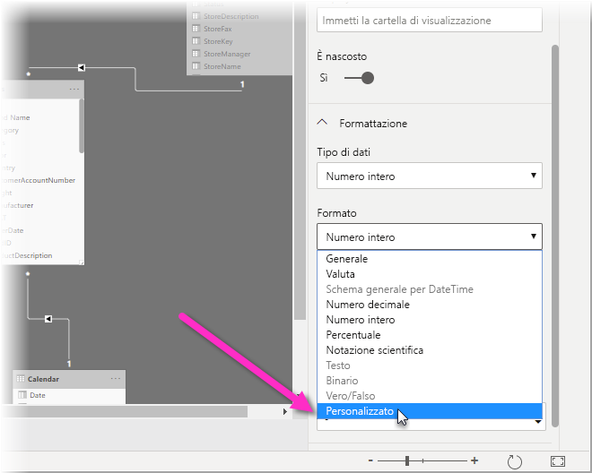 Screenshot di Power BI Desktop nella visualizzazione Modellazione, che evidenzia 