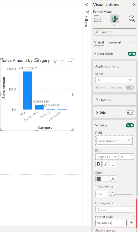 Screenshot del riquadro Formato per un oggetto visivo, che mostra le impostazioni di formato Valore per le etichette dati nella sezione Oggetto visivo.