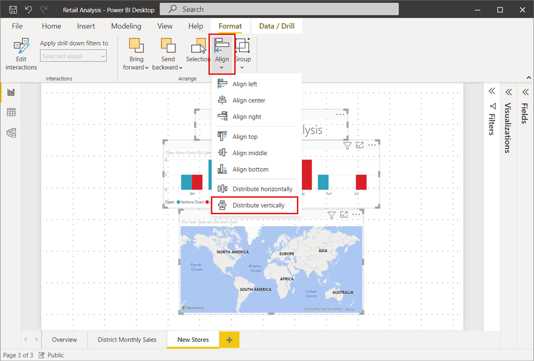 Screenshot dell'area di disegno del report, che mostra tre oggetti visivi e l'opzione Distribuisci verticalmente.