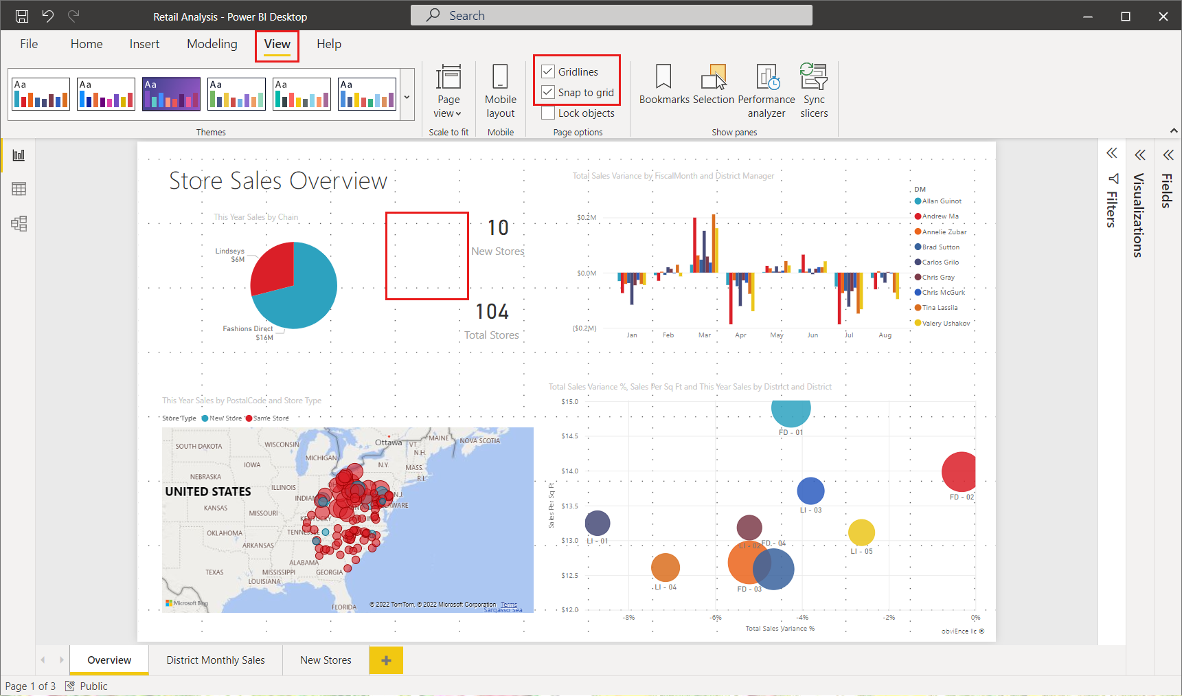 Screenshot del canvas del report, che mostra come abilitare le linee della griglia e bloccare gli oggetti alla griglia nei report di Power BI Desktop.