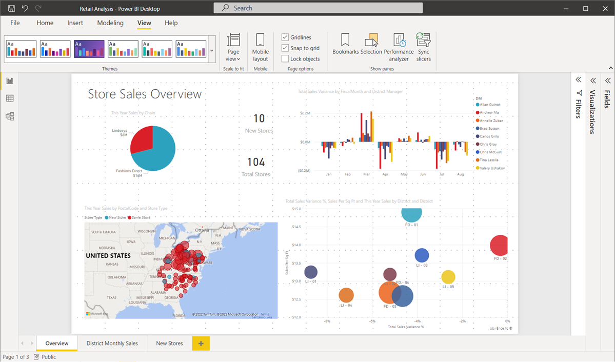 Screenshot del canvas del report, che mostra come usare le linee della griglia e il blocco alla griglia nei report di Power BI Desktop.