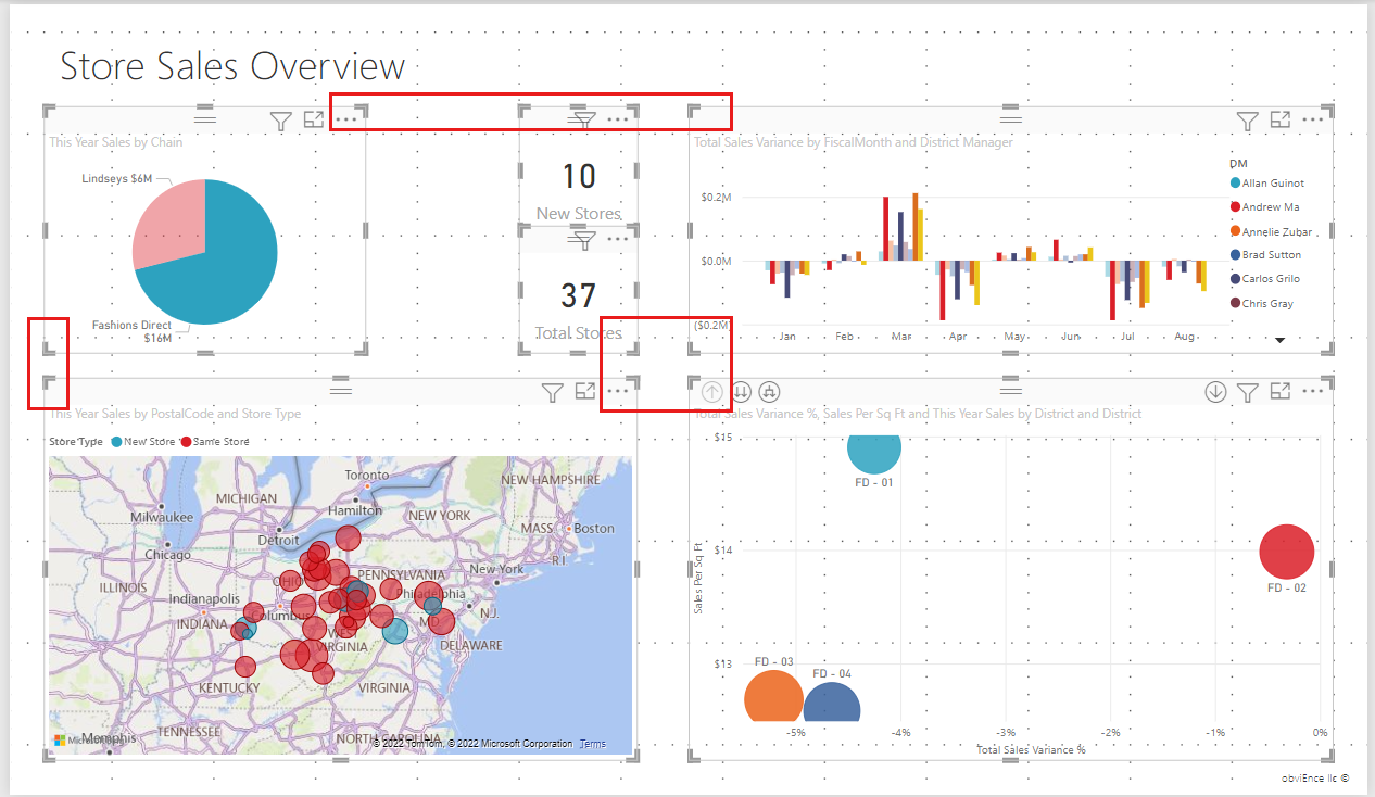 Screenshot del canvas del report di Power BI, che mostra come usare le linee della griglia per allineare gli oggetti visivi.