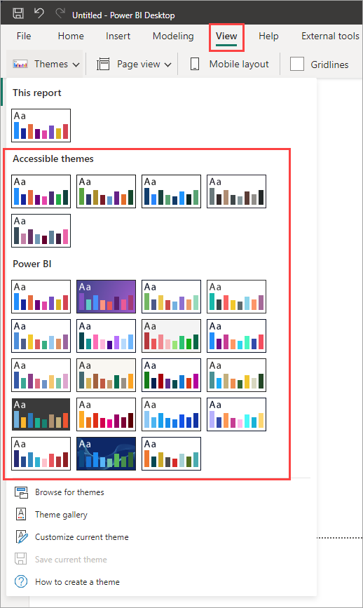 Screenshot del menu a discesa temi di Power BI, con tutte le selezioni evidenziate.