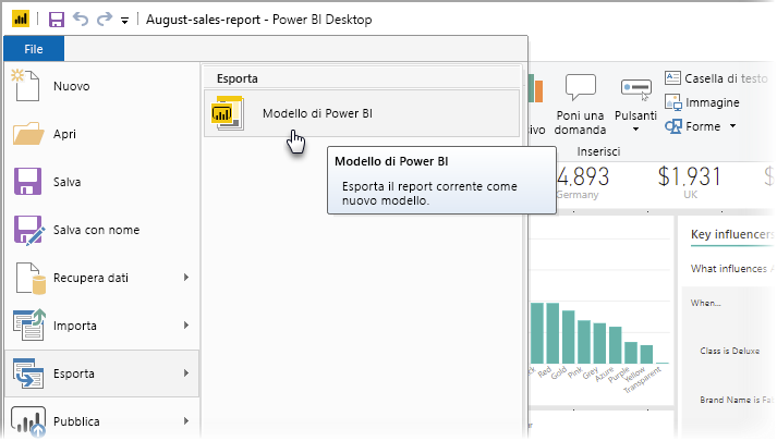 Screenshot di Power BI Desktop che mostra le opzioni di esportazione.