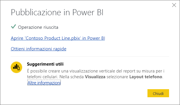 Screenshot della finestra di dialogo Pubblicazione in Power BI corretta.