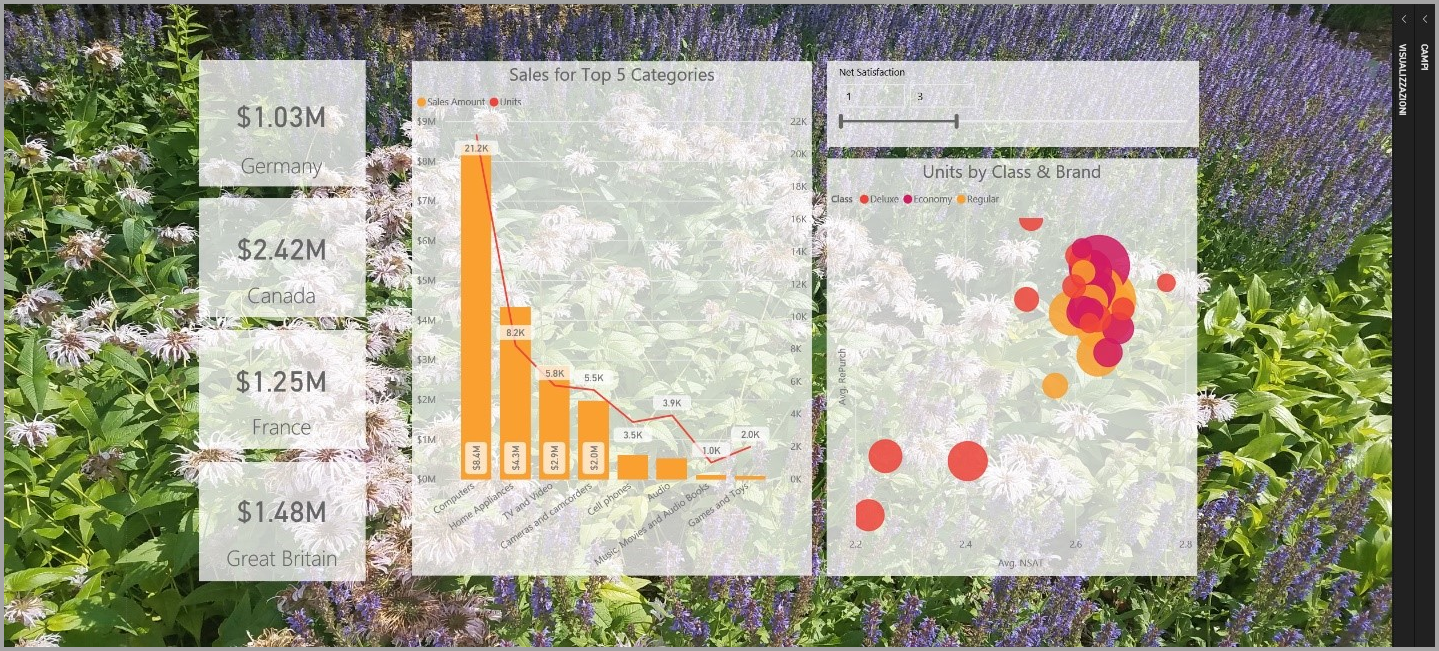 Screenshot dell'esempio di un report di Power BI Desktop con oggetti visivi avanzati.