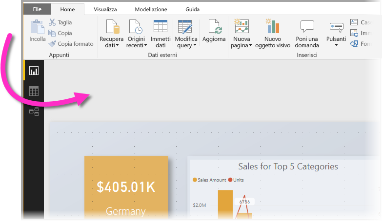 Screenshot di Power BI Desktop, con l'evidenziazione dell'area dello sfondo.