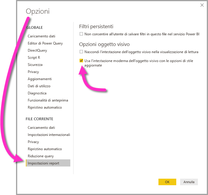 Screenshot del menu Opzioni, con l'evidenziazione delle impostazioni del report e la casella di controllo Usa l'intestazione visiva moderna con le opzioni di stile aggiornate.