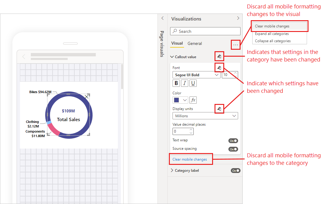 Screenshot del riquadro Visualizzazioni che mostra i valori delle proprietà modificate di un oggetto visivo.