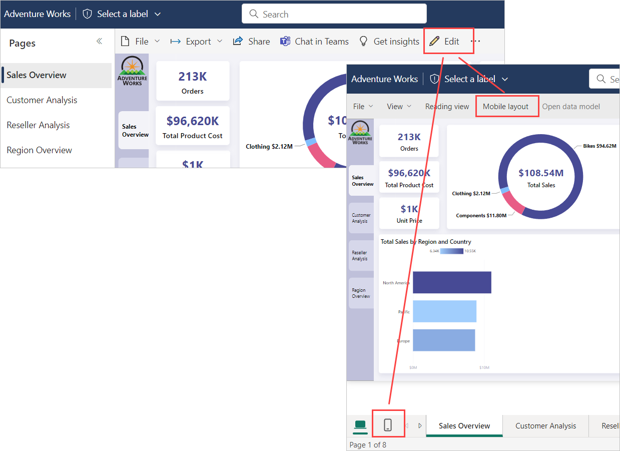 Screenshot che mostra l'interruttore del layout nel servizio Power BI