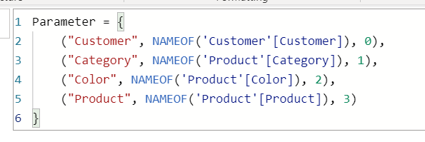 Screenshot dei parametri DAX di esempio immessi in Power BI.