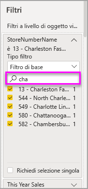 Screenshot del riquadro Filtri, che evidenzia una ricerca di filtro di esempio.