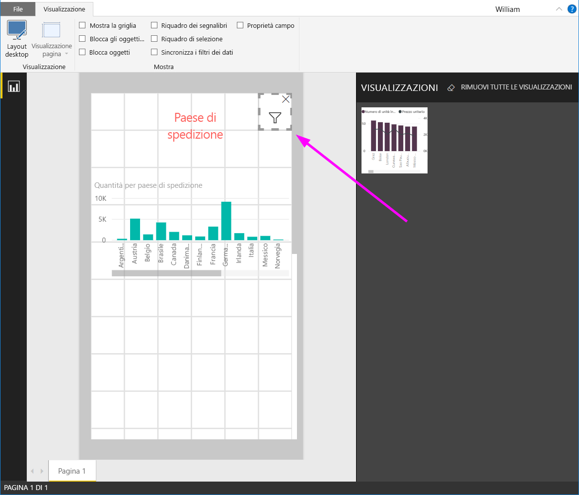 Screenshot del filtro dei dati nel layout del report per telefono.