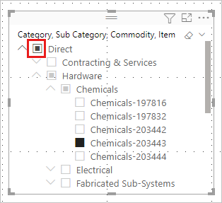 Screenshot del filtro dei dati della gerarchia con selezione singola in Power BI.