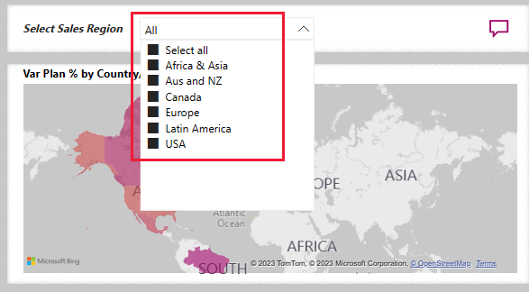 Screenshot che mostra la selezione di Tutte le aree in Seleziona area vendite.