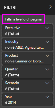 Screenshot che mostra i filtri a livello di pagina.