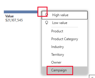 Screenshot che mostra l'elemento valore con il relativo menu di scelta rapida aperto e Campagna selezionato.