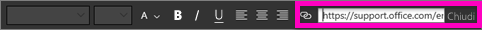 Screenshot di una casella di testo, con il campo collegamento ipertestuale evidenziato.
