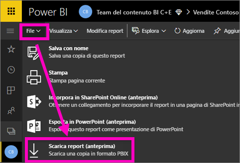 Screenshot del menu File nel servizio Power BI, con l'opzione 