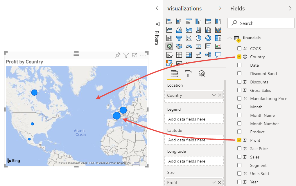 Screenshot dell'oggetto visivo mappa nell'editor di report.