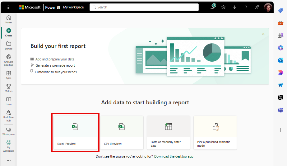 Screenshot dell'area di lavoro personale, con l'opzione di origine dati Excel.