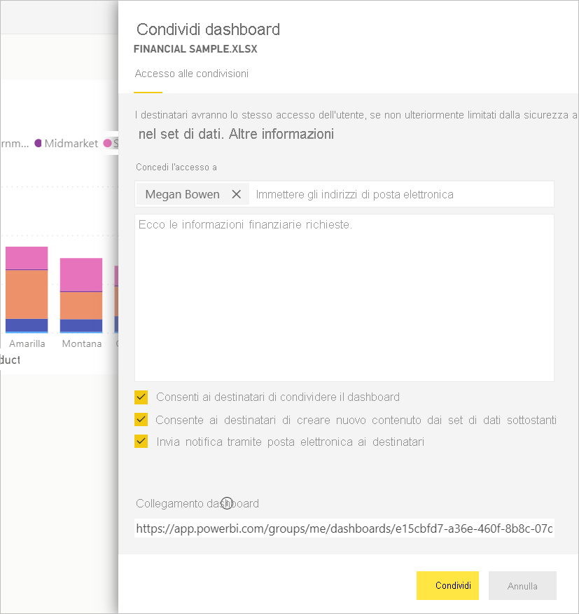 Screenshot del riquadro Condividi dashboard con tutte le opzioni selezionate.