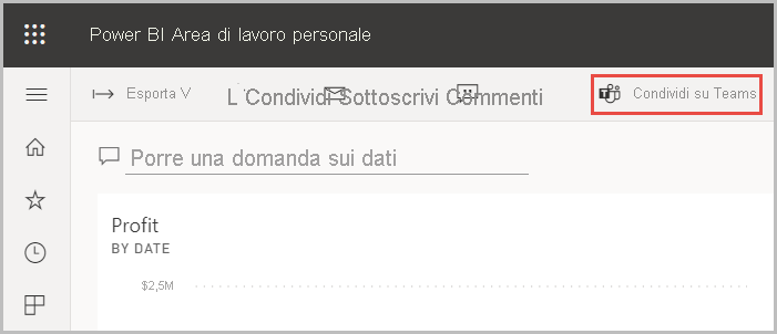 Screenshot dell'area di lavoro personale, con l'opzione Chat in Teams.