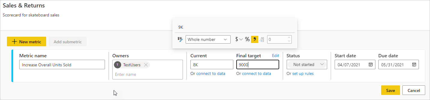 Screenshot di Nella nuova metrica, selezionare un formato numerico.