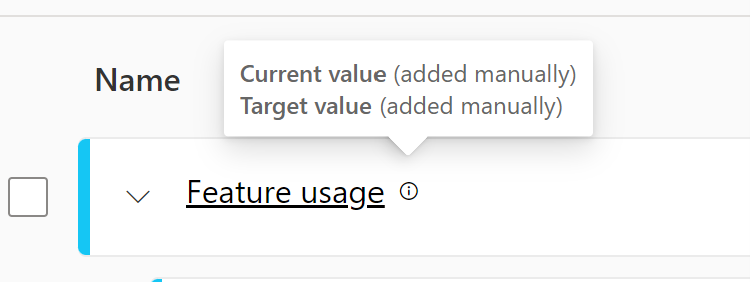 Screenshot del testo al passaggio del mouse che indica una metrica manuale.